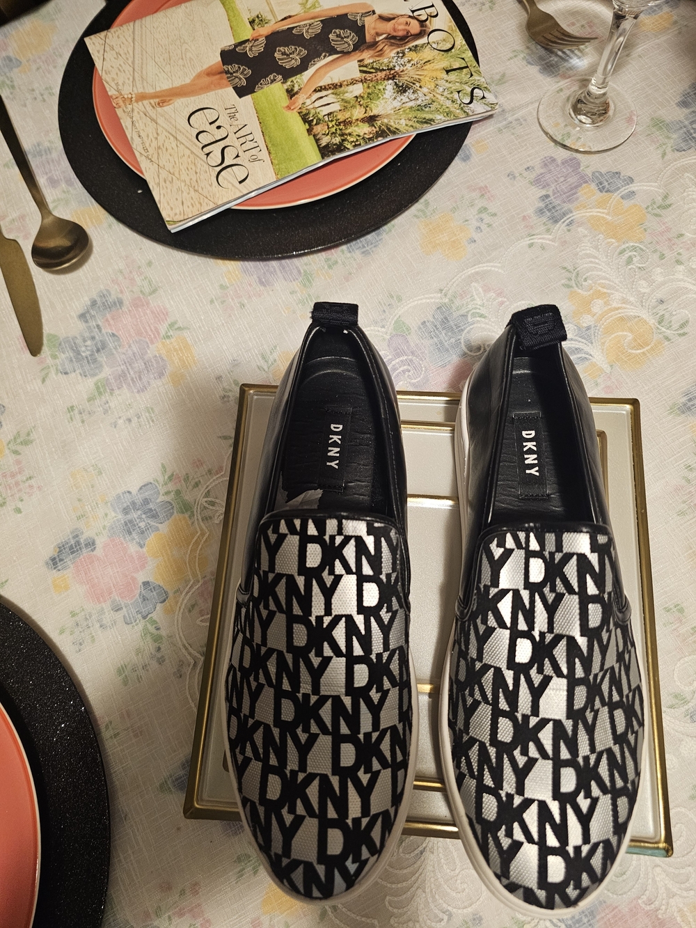 DKNY Black & White Logo Slip-On Sneakers